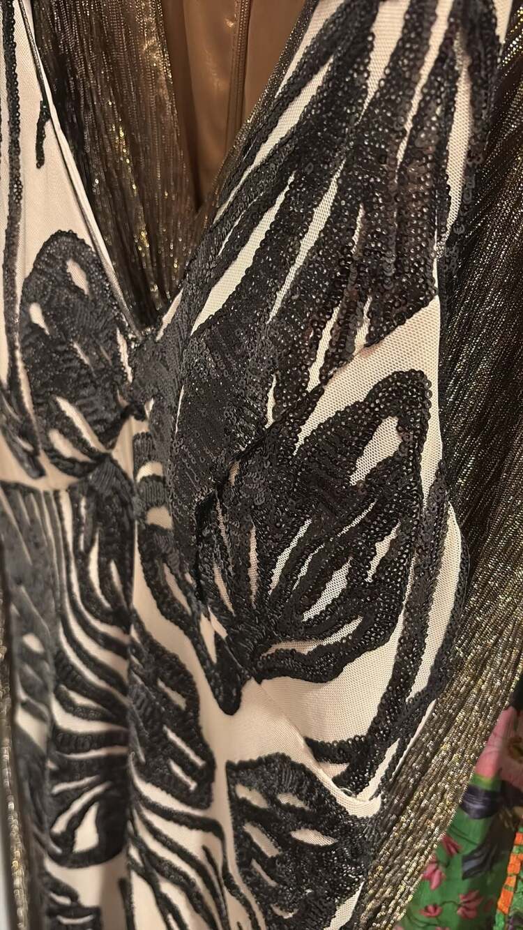 R&M Richards Sequin Halter Evening Gown Size 12 Black White Floral Maxi